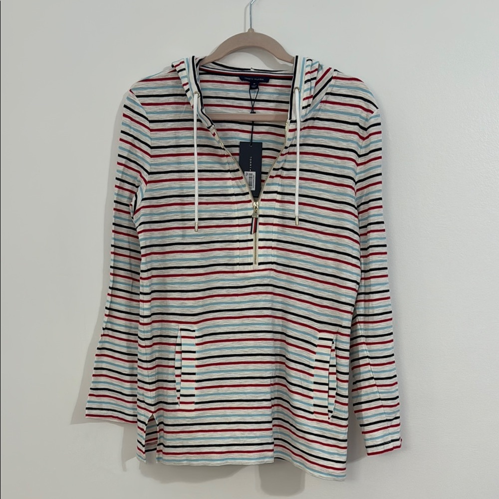 NWT Stripe Tommy Hilfiger Hooded Pullover with Gold Accents